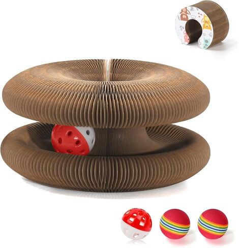 2 PCS Magic Organ Cat Scratcher Board with 6 Balls, Foldable Recyclable Accordion Cats Toy with Ball and Track Adventure, Cat Scratching Pad, Retractable Reversible Furniture Protector(Brown) in Kuwait