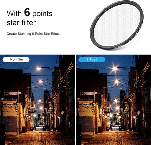 فلتر عدسة ARTCISE 77 مم ستار فلتر 6 نقاط لكاميرا DSLR، فلتر تأثير Starburst للتصوير الفوتوغرافي الليلي، خطوط الضوء، مناظر المدينة وأضواء العطلات (82 مم) in Saudi Arabia