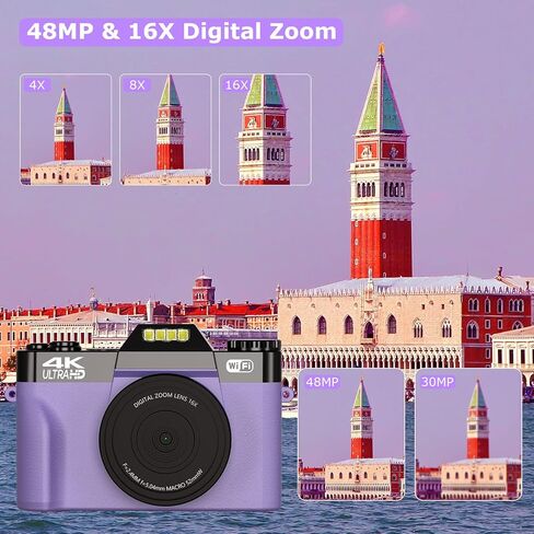 كاميرا رقمية 4K بدقة 56 ميجابكسل، كاميرا تسجيل فيديو لليوتيوب مع واي فاي، كاميرا مدمجة بتكبير رقمي 16X مع بطاقة SD صغيرة 32 جيجا وبطاريتين (أرجواني) in Kuwait