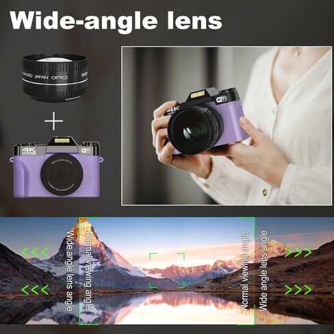 كاميرا رقمية 4K بدقة 56 ميجابكسل، كاميرا تسجيل فيديو لليوتيوب مع واي فاي، كاميرا مدمجة بتكبير رقمي 16X مع بطاقة SD صغيرة 32 جيجا وبطاريتين (أرجواني) in Kuwait