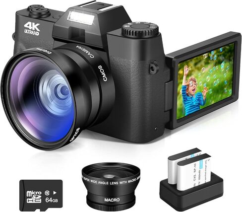كاميرا رقمية 4K، كاميرا تسجيل فيديو مع واي فاي لليوتيوب، تكبير تلقائي 16X، كاميرات تصوير 48 ميجابكسل، بطاقة SD سعة 64 جيجابايت، زاوية واسعة وعدسة ماكرو، بطاريتان، شاشة قلاب 180 درجة in Kuwait