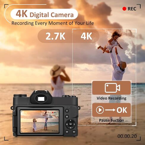كاميرا رقمية 4K، كاميرا تسجيل فيديو مع واي فاي لليوتيوب، تكبير تلقائي 16X، كاميرات تصوير 48 ميجابكسل، بطاقة SD سعة 64 جيجابايت، زاوية واسعة وعدسة ماكرو، بطاريتان، شاشة قلاب 180 درجة in Kuwait