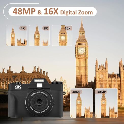 كاميرا رقمية 4K، كاميرا تسجيل فيديو مع واي فاي لليوتيوب، تكبير تلقائي 16X، كاميرات تصوير 48 ميجابكسل، بطاقة SD سعة 64 جيجابايت، زاوية واسعة وعدسة ماكرو، بطاريتان، شاشة قلاب 180 درجة in Kuwait