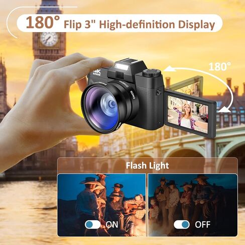 كاميرا رقمية 4K، كاميرا تسجيل فيديو مع واي فاي لليوتيوب، تكبير تلقائي 16X، كاميرات تصوير 48 ميجابكسل، بطاقة SD سعة 64 جيجابايت، زاوية واسعة وعدسة ماكرو، بطاريتان، شاشة قلاب 180 درجة in Kuwait