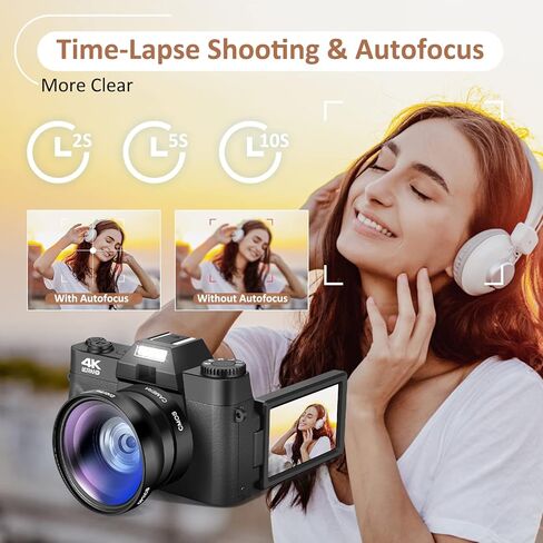 كاميرا رقمية 4K، كاميرا تسجيل فيديو مع واي فاي لليوتيوب، تكبير تلقائي 16X، كاميرات تصوير 48 ميجابكسل، بطاقة SD سعة 64 جيجابايت، زاوية واسعة وعدسة ماكرو، بطاريتان، شاشة قلاب 180 درجة in Kuwait