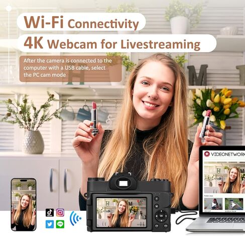 كاميرا رقمية 4K، كاميرا تسجيل فيديو مع واي فاي لليوتيوب، تكبير تلقائي 16X، كاميرات تصوير 48 ميجابكسل، بطاقة SD سعة 64 جيجابايت، زاوية واسعة وعدسة ماكرو، بطاريتان، شاشة قلاب 180 درجة in Kuwait
