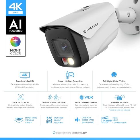 كاميرا Amcrest UltraHD 4K (8MP) IP PoE AI، FOV 129°، رؤية ليلية ملونة 49 قدمًا، كاميرا رصاصة خارجية للأمان، كشف الإنسان والمركبات، رادع نشط، 4K @15 إطارًا في الثانية، (REP-IP8M-2796EW-AI) (متجدد) in Kuwait