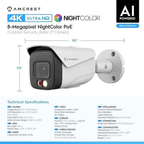 كاميرا Amcrest UltraHD 4K (8MP) IP PoE AI، FOV 129°، رؤية ليلية ملونة 49 قدمًا، كاميرا رصاصة خارجية للأمان، كشف الإنسان والمركبات، رادع نشط، 4K @15 إطارًا في الثانية، (REP-IP8M-2796EW-AI) (متجدد) in Kuwait