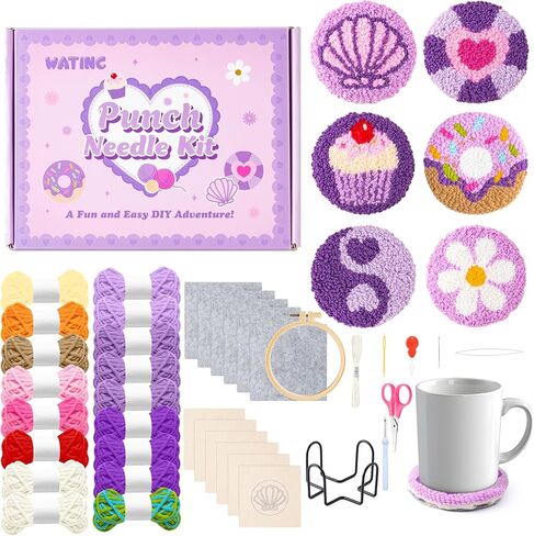 مجموعات Watinc Punch Needle Coaster - 23pcs Supply Art Work Decor Craft Supply للمبتدئين ، مجموعة DIY من 6 منصات معنقدة معنقدة مع أدوات خيوط لاصقة تعليمات مخصصة (أرجوانية) in Saudi Arabia