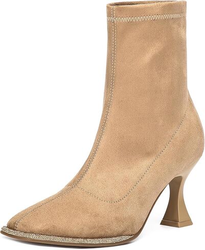 NEWBELLA Women's Square Toe Ankle Boots - Minimalist Faux Suede Kitten Heel Booties, Elegant Fall & Winter Boots for Casual & Office Wear in Saudi Arabia