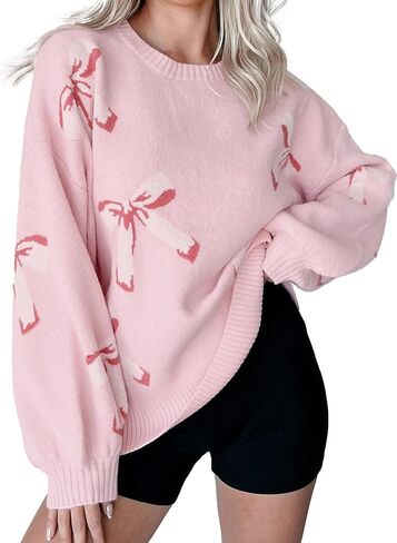 Womens Oversized Bow Sweater Cute Love Heart Print Preppy Pullover Top Chuncy Knit Long Sleeve Valentines Day Sweaters in Saudi Arabia