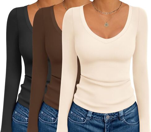 Ekouaer 3 Pack Long Sleeve Shirts for Women Deep V Neck Basic Thermal Tops Base Layer Undershirts S-XXL in Saudi Arabia