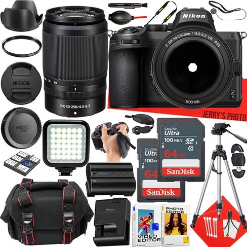 كاميرا Nikon Z5 بدون مرآة مع عدسة Nikon NIKKOR Z DX مقاس 50-250 مم f/4.5-6.3 VR + قطعتين ذاكرة 64 جيجابايت + ضوء LED + حقيبة كاميرا + حامل ثلاثي القوائم + المزيد (حزمة 27 قطعة) (متجددة) in Saudi Arabia