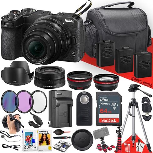 كاميرا Nikon Z30 بدون مرآة مع عدسة NIKKOR Z DX مقاس 16-50 مم F/3.5-6.3 VR + ذاكرة 64 جيجابايت + قطعتين بطارية إضافية + جهاز تحكم عن بعد + مرشحات + حامل ثلاثي القوائم + المزيد (حزمة 31 قطعة) (متجددة) in Saudi Arabia