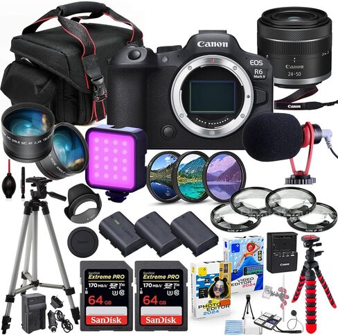 كاميرا Canon EOS R6 Mark II بدون مرآة مع مجموعة عدسات مقاس 24-50 مم + حزمة متميزة تتضمن ذاكرة فائقة سعة 128 جيجابايت ومرشحات وميكروفون وإضاءة LED وبرامج صور وفيديو والمزيد (33 قطعة) (متجددة) in Saudi Arabia