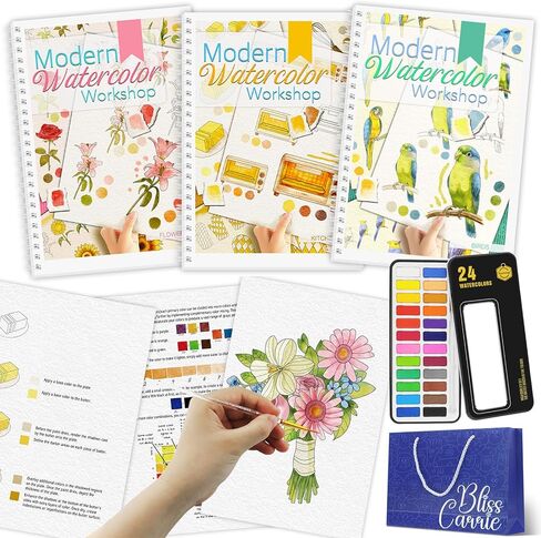 3Pcs Watercolor Workbook Paint Book Beginner Friendly Painting Kit, 36 Pages Workbooks with 24 Paint Colors & Brush for Beginners, Stress-Relieving Gift for Women Adults (Bird&Flower&Kitchen) in Saudi Arabia