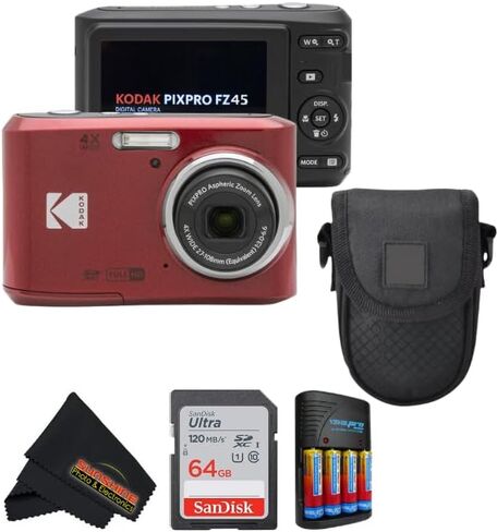 كاميرا رقمية KODAK PIXPRO FZ45 بمستشعر CMOS بدقة 16 ميجابكسل وتكبير بصري 5X مع قطعة قماش للتنظيف من الألياف الدقيقة لصور أشعة الشمس (حزمة متقدمة، أحمر) in Saudi Arabia