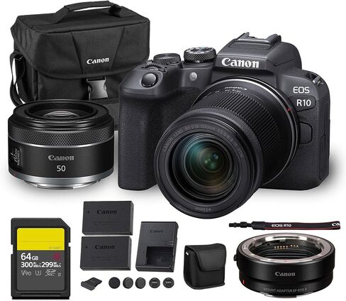 طقم كاميرا Canon EOS R10 بدون مرآة | مستشعر APS-C بدقة 24.2 ميجابكسل مع عدسة RF-S مقاس 18-150 مم | تصوير فيديو 4K ثنائي البكسل AF صغير الحجم أثناء السفر (5331C016) + عدسة Canon RF مقاس 50 مم f/1.8 + محول EF-EOS R + المزيد in Saudi Arabia