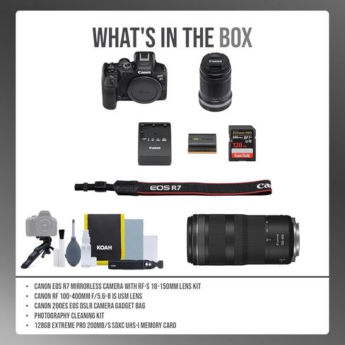 مجموعة كاميرا Canon EOS R7 بدون مرآة مع RF-S مقاس 18-150 مم وRF 100-400 مم f/5.6-8 هي عدسة USM (5 قطع) in Kuwait