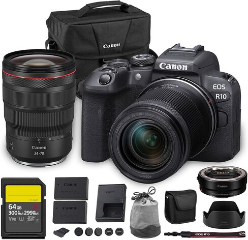 طقم كاميرا Canon EOS R10 بدون مرآة | مستشعر APS-C بدقة 24.2 ميجابكسل مع عدسة RF-S مقاس 18-150 مم | تصوير فيديو 4K ثنائي البكسل AF صغير الحجم أثناء السفر (5331C016) + عدسة Canon RF مقاس 50 مم f/1.8 + محول EF-EOS R + المزيد in Saudi Arabia
