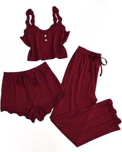 Pajama Sets for Women 3 Piece Lace Trim Cami Tops and Shorts Ribbed Sleepwear Sexy Cami Pjs Sets in Saudi Arabia