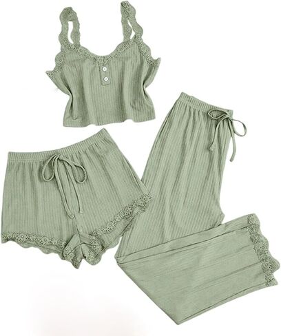 Pajama Sets for Women 3 Piece Lace Trim Cami Tops and Shorts Ribbed Sleepwear Sexy Cami Pjs Sets in Saudi Arabia