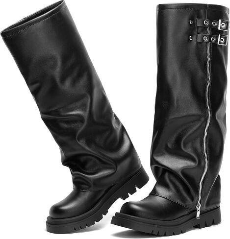 المرأة أضعاف فوق الركبة أحذية عالية جولة اصبع القدم مريحة منصة مسطحة أحذية كعب مكتنزة الانزلاق على القتالية موتو السائق أحذية ركوب الخيل التمهيد الطويل in Kuwait