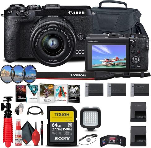 Canon EOS M6 Mark II Mirrorless Digital Camera with 15-45mm Lens (Black) + 64GB Card + Case + Filter Kit + Photo Software + 2 x LPE17 Battery + More (Renewed) in Saudi Arabia