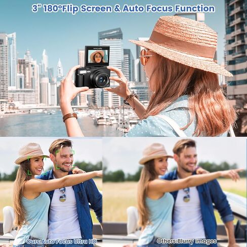 كاميرا رقمية بدقة 4K للتصوير الفوتوغرافي مع شاشة قابلة للطي مقاس 3 بوصات بزاوية 180 درجة، وكاميرا تسجيل فيديو بدقة 64 ميجابكسل لليوتيوب، وكاميرا مدمجة عالية الدقة WiFi مع فلاش، وتكبير رقمي 18X، وبطاقة TF سعة 32 جيجابايت وبطاريتين (أسود) in Kuwait