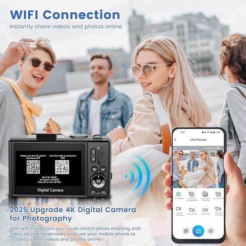 كاميرا رقمية بدقة 4K للتصوير الفوتوغرافي مع شاشة قابلة للطي مقاس 3 بوصات بزاوية 180 درجة، وكاميرا تسجيل فيديو بدقة 64 ميجابكسل لليوتيوب، وكاميرا مدمجة عالية الدقة WiFi مع فلاش، وتكبير رقمي 18X، وبطاقة TF سعة 32 جيجابايت وبطاريتين (أسود) in Kuwait