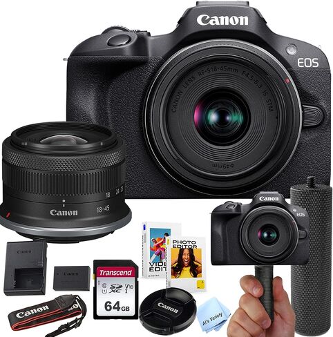 Canon EOS R100 24.2MP APS-C CMOS Sensor Mirrorless Camera with 18-45mm Lens + 64GB Memory + Stabilizing Grip + Software Pack +More (Value Bundle) (Renewed) in Saudi Arabia