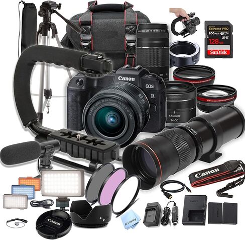 Canon EOS RP Camera Bundle with 24-50mm + 75-300mm + 420-800mm Super Telephoto Lens +128GB Extreme Speed, U-Grip, Microphone, LED Light, Spare Battery, Filter Kit, More (Extreme Pro-Bundle) (Renewed) in Saudi Arabia