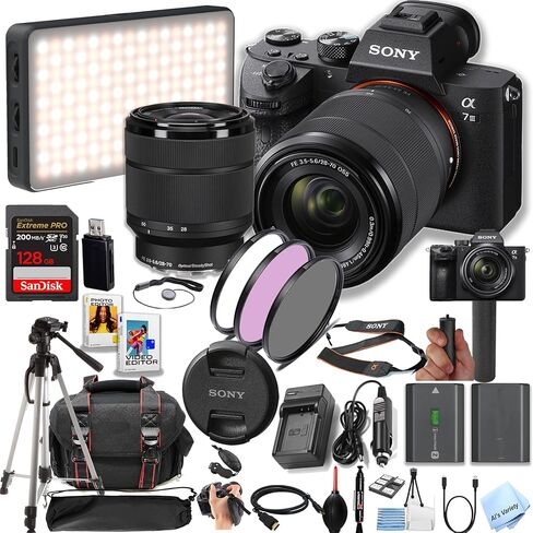 كاميرا Sony A7 III بدون مرآة مع عدسة 28-70 مم + ذاكرة فائقة سعة 128 جيجابايت، وبطارية إضافية، ومرشحات، وحقيبة، وحامل ثلاثي القوائم، وبرامج، والمزيد (حزمة منشئ المحتوى) (متجددة) in Saudi Arabia