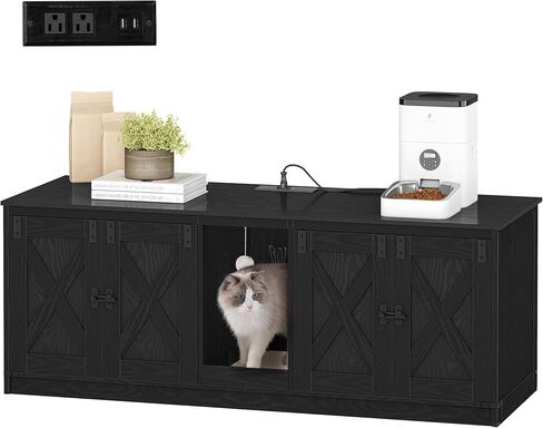 Cat Litter Box Enclosure for 2 Cats, Hidden Litter Box Furniture Cabinet with Double Room, Indoor Cats House with USB Ports & Power Outlets, Farmhouse Style, Rustic Brown and White CB82514XV1 in Kuwait