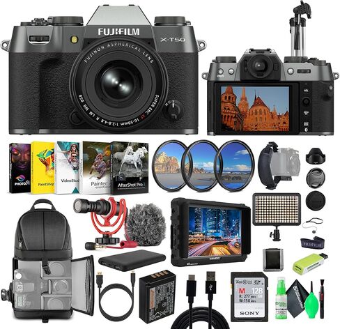 مجموعة عدسات Fujifilm X-T50 الرقمية بدون مرآة XF16-50mmF2.8-4.8 R LM WR + بطاقة ذاكرة 128 جيجابايت + حامل ثلاثي القوائم + مصباح فيديو LED + ميكروفون Rode + شاشة HD 7 بوصة + المزيد (فضي فحمي) in Kuwait
