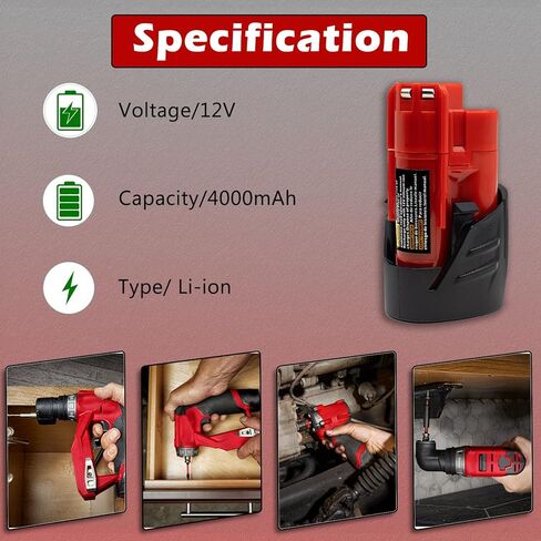 2-حزمة 4.0Ah 12V بطارية ليثيوم أيون بديلة متوافقة مع أدوات Milwaukee M12 اللاسلكية - تناسب الموديلات 48-11-2420 48-11-2440 48-11-2402 48-11-2411 48-11-2412 in Kuwait