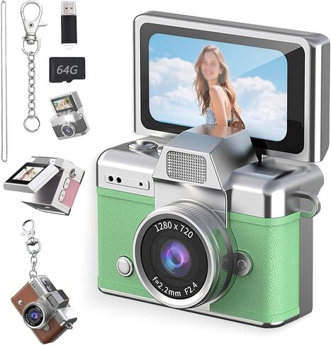 كاميرا رقمية صغيرة مع شاشة LCD مقاس 1.47 بوصة، كاميرات صغيرة بشاشة قلاب بحجم الإبهام، 1080 بكسل ريترو، 2026 جديد مع بطاقة 64 جيجابايت، فلاش مدمج، حزام وسلسلة مفاتيح، للسفر (برتقالي) in Kuwait