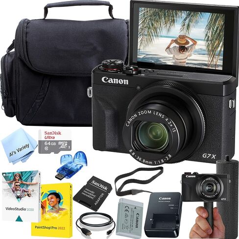 كاميرا Canon PowerShot G7 X Mark III الرقمية، مجموعة مع ملحقات: ذاكرة سعة 64 جيجابايت، وحقيبة، ومقبض، وبرامج، والمزيد (متجددة) in Kuwait