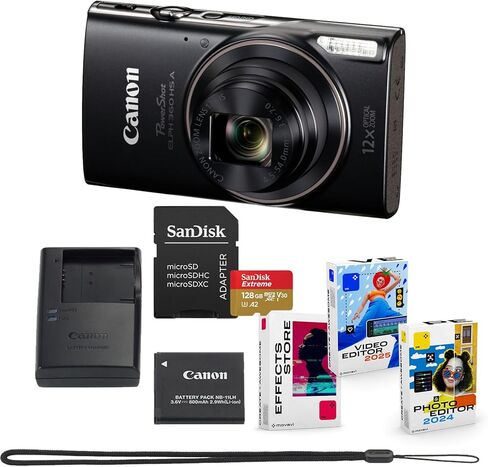 Canon PowerShot ELPH 360 HS A Digital Camera Bundle (Black) + Sandisk 128GB Extreme Micro SD Card & Photo/Video Editing Software Package (8 Items) in Kuwait