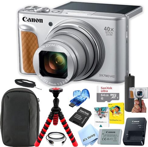 مجموعة كاميرا Canon Powershot SX740 HS الرقمية (فضية) مع ملحقات: ذاكرة 64 جيجابايت، وحافظة، وحامل ثلاثي القوائم، ومقبض، وبرامج، والمزيد (حزمة مدونات الفيديو) (متجددة) in Kuwait