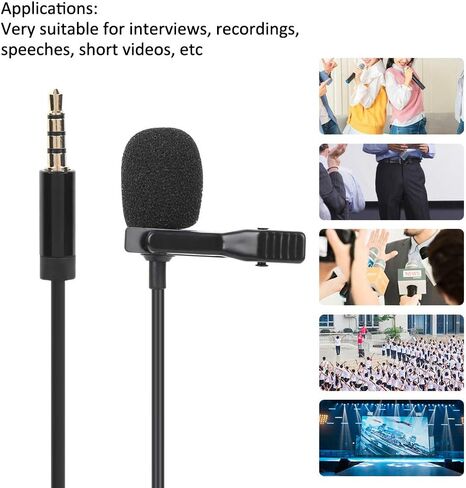 مشبك Lavalier متعدد الاتجاهات - على الميكروفون، مقبس 3.5 ملم، / كابل 6 متر، أسود - صوت واضح، لا حاجة إلى بطارية لإجراء المقابلات والبث المباشر in Kuwait