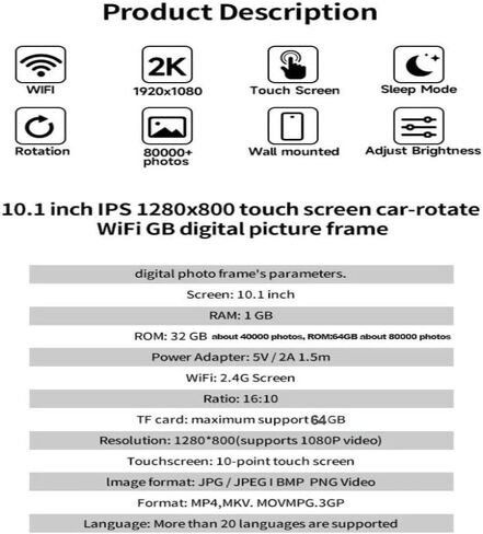 Digital Photo Frame 10.1 Inch 32GB/64GB Smart WiFi Digital Photo Frame with 1280x800 IPS HD Touch Screen Wall Mountable(Black Built in 64gb,UK Plug) in Saudi Arabia