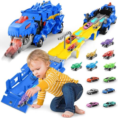Dinosaur Car Toy with 12 Alloy Cars,45 inch Foldable Track & Launch Button for Two-Player Racing,Transforms into Dino & Swallow System,Ideal Xmas Birthday Gift for Boys Girls Ages 3-12 (Blue) in Saudi Arabia