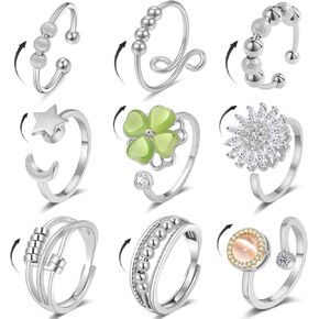 حلقات القلق الحلقة المملوءة للنساء الذهب 9pcs قابلة للتعديل حلقة الدوران CZ الماس Sunflower Moon Star Four Leaf Heart Bead حلقات تململ لتخفيف الإجهاد القلق للنساء in Kuwait