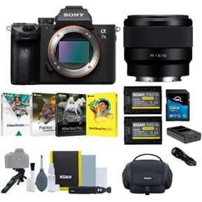 مجموعة كاميرا سوني ألفا a7 III الرقمية بدون مرآة مع عدسة FE مقاس 50 مم f/1.8، ومجموعة برامج الصور، وبطاقة ذاكرة SD سعة 128 جيجابايت، وبطارية قابلة لإعادة الشحن (عبوتان) وشاحن، وحقيبة كاميرا (6 قطع) in Kuwait