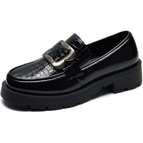 Black/Brown Patent/Matte Leather Platform Loafers for Women, Women's Comfortable Slip-On Chunky Heel Dress Shoes for Work in Kuwait