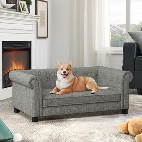 38.9" Elevated Dog Couch Bed - Scratch-Resistant Linen Sofa with Orthopedic Memory Foam & Backrest/Armrests, Human-Sized Pet Bed for Large/Medium Dogs & Cats, Indoor Furniture,Washable (Dark Brown) in Saudi Arabia