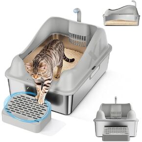 Gtplayer صندوق فضلات مقاوم للصدأ ، وصناديق فضلات كبيرة XL مع المعادن مع غطاء مرتفع على الوجهين للقطط الكبيرة والقطط ، ومقاوم للتسرب ، غير لاصقة ، وتشمل دواسة خطوة Cat ، حصيرة القط ومغرفة القمامة in Kuwait