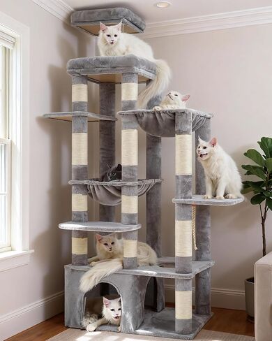 Heybly Heavy Duty Cat Tree, Tower for Indoor Cats Large Adult, Tall Cat Condo House with Extra-Large Baseboard, Multi-Level Plush Furniture with Scratching Posts, Hammock,Toy Balls,Light Gray HCT026W in Kuwait