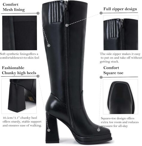 ZXHYZLZ Knee High Gogo Boots 70S For Women Wide Calf Long Tall Square Toe Chunky Boot Women in Saudi Arabia